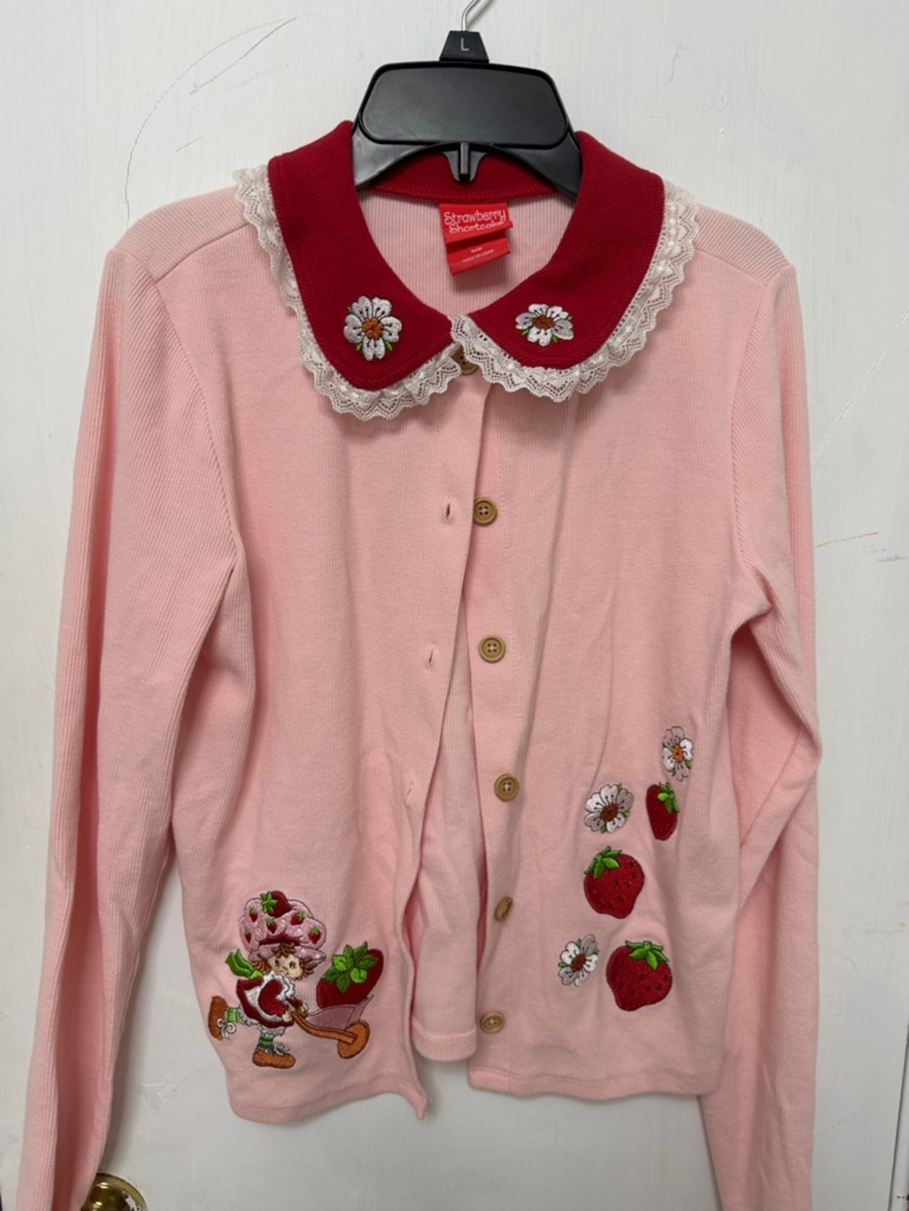 Strawberry Shortcake Pink Embroidered Cardigan with Red Collar